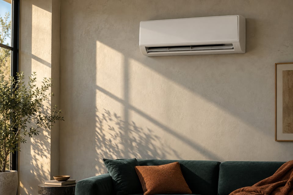 Imagem ilustrativa de ar-condicionado genérico em um ambiente com luz natural e parede de concreto quente.